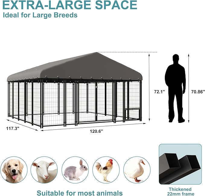 10 x 10 FT Large Outdoor Dog Kennel with Double Swing Doors, Heavy-Duty Dog Cage with Feeding Panel, Weatherproof Roof, Secure Fence Playpen for Large Dogs, Easy Assembly