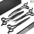 Purple Dragon Dog Grooming Scissors Set - Curved Thinning, Straight, Up & Down Curved Scissors and Comb, 7 Inch Black Shears with Adjustable Screw for Dogs and Cats