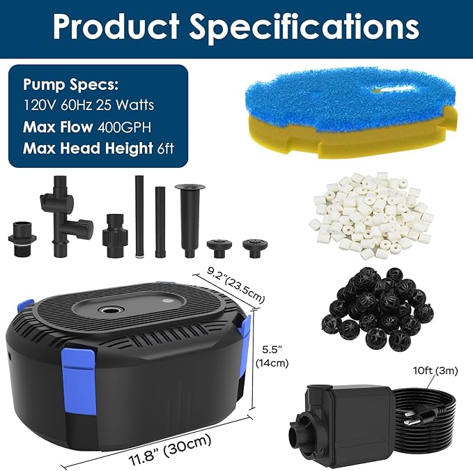 AquaMiracle All-in-One Koi Pond Filters for Outdoor Ponds 200-350 Gal, Pond Fountain Pump with 3 Spray Patterns, Fountain Kit with 400GPH Water Pump for Garden, Water Feature, Bird Baths