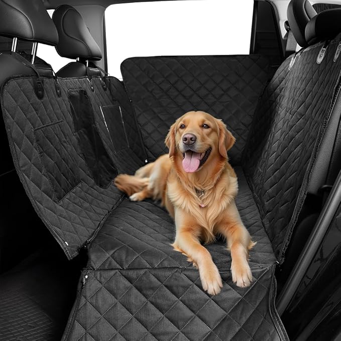Dog Hammock for Car with Door Protectors, Waterproof, Scratchproof, Split Soft Dog Seat Cover for Back Seat with Mesh Window, Fits SUV/Sedan/Tesla Models (Black)