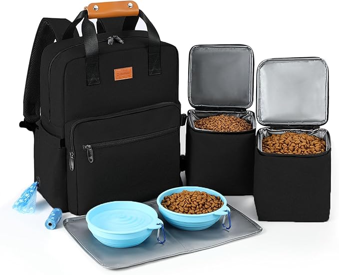 Dog Travel Bag, 25L Airline Approved Dog Travel Backpack for Pet Travel Accessories with 2 Food Storage Containers, 2 Foldable Bowls for Short Trips, Black