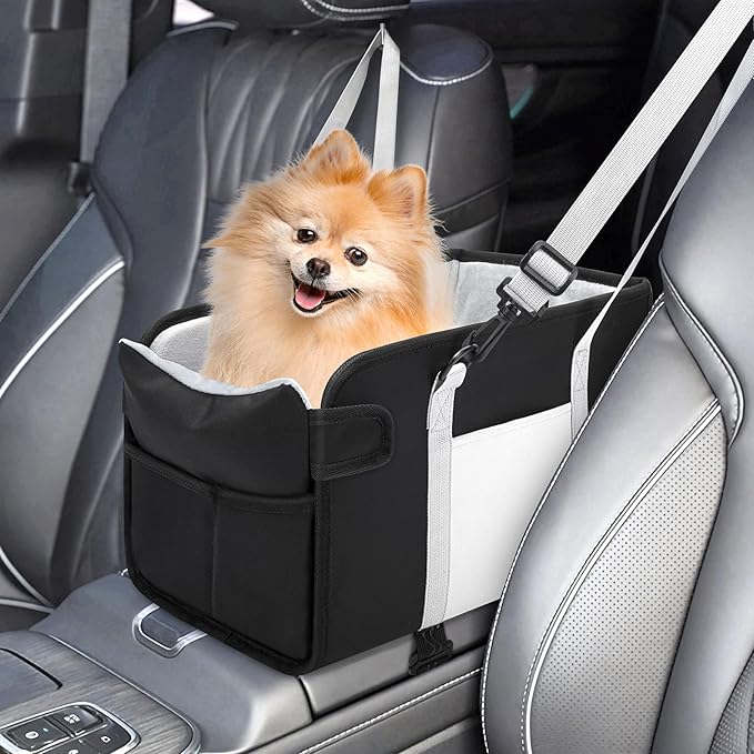 Portable Dog Car Seat for Small Dogs - Adjustable Safety Leash, Washable Cushion & Storage Pocket - Pet Booster Seat for Car Travel- Carbon Black
