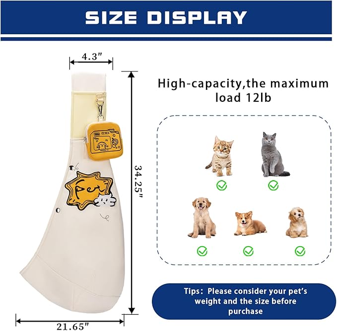 Dog Sling Carrier for Small Dogs & Cats (3-12 lbs) -Dual Lock Security Escape-Proof, Puppy Carrier with Adjustable Padded Strap & Free Detachable Wallet for Travel(White)