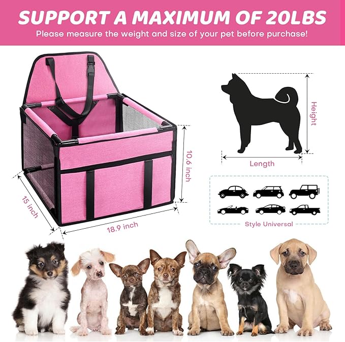 Dog Car Seats for Small and Medium Dogs,Portable Puppy/Pet Car Booster Seat with Clip-On Leash and Mesh Window for Pet Up to 20 lbs