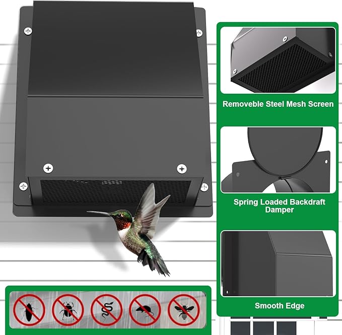 10 Inch Hooded Wall Vent with Screen and Damper, Outdoor Wall Exhaust Vent Cover Cap for Residential Housing Kitchen Rangeand Outside Air Exhaust, Galvanized Steel,Widely Applicable, Black
