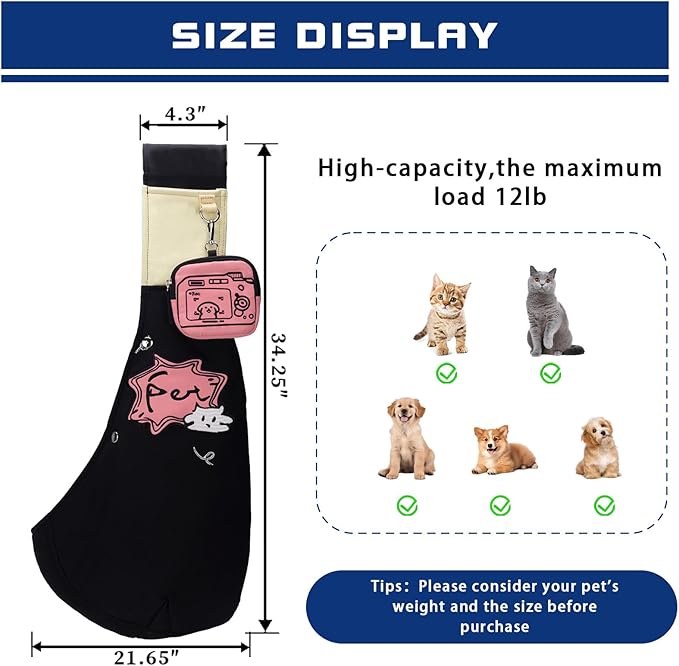 Dog Sling Carrier for Small Dogs & Cats (3-12 lbs) -Dual Lock Security Escape-Proof, Puppy Carrier with Adjustable Padded Strap & Free Detachable Wallet for Travel (Black)