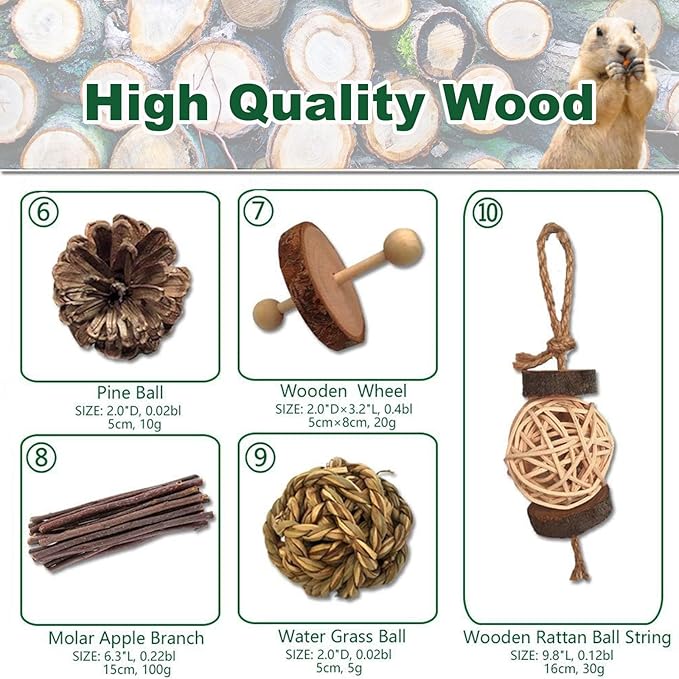 10 Different Hamster Chew Toys Wood, Rabbit Guinea Pig Chew Toys for Teeth Grinding, Chinchillas, Rabbit, Gerbils, Guinea Pig, Hamster Cage Accessories (Brown)