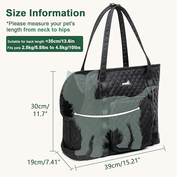 Pecute Dog Purse Carrier, Dog Carrier with Pockets for Small Dogs, Fits Dogs 5.5 lbs to 11 lbs, Cat and Puppies Tote Bag, Outing, Travel, Vet, Black
