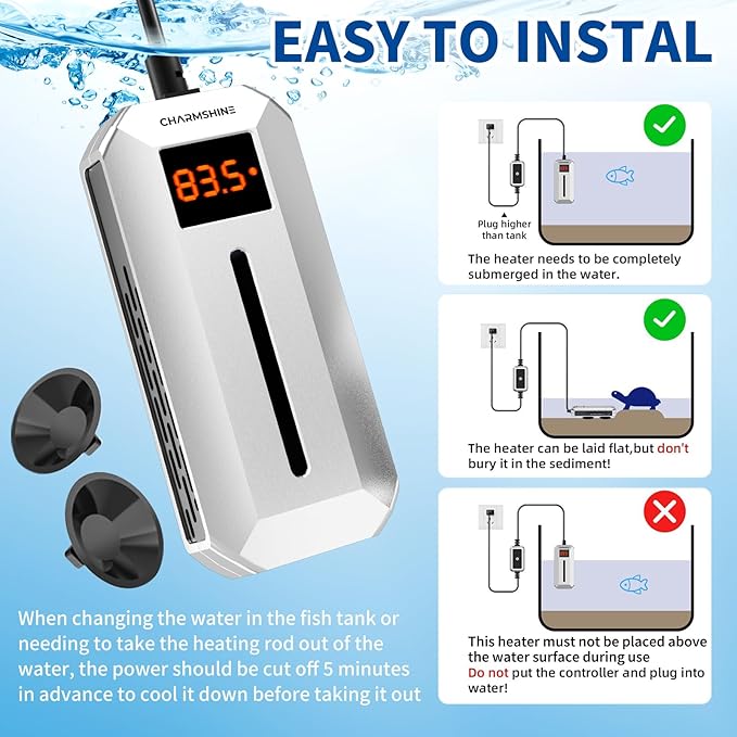 100W Aquarium Heater Fish Tank Submersible Water Heater with LED Digital Display Fish Tank Water Heater for 10-20 Gallons Freshwater & Saltwater Turtle Tanks Heater