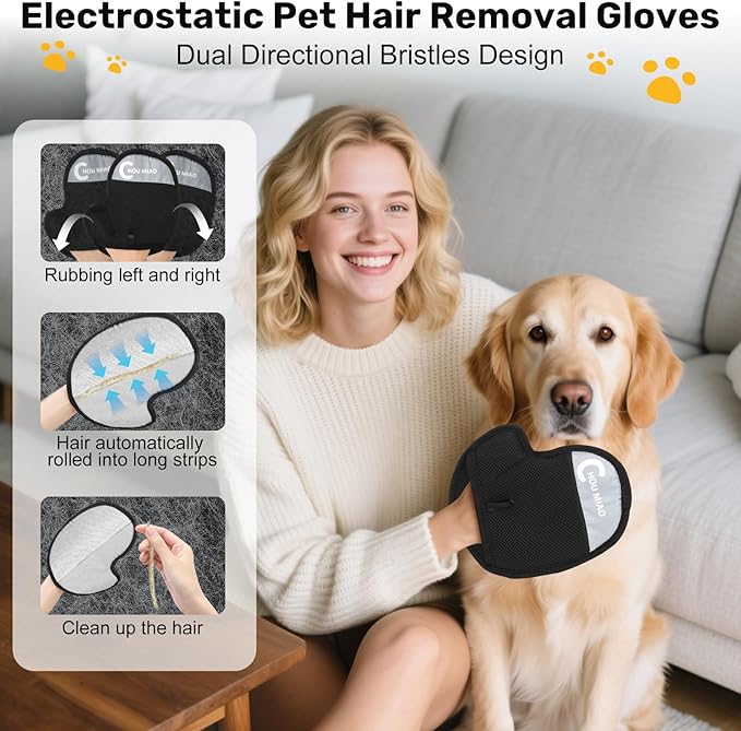 2 Pack Pet Hair Removal Gloves, Reusable Electrostatic Glove Pet Hair Removal Brush for Dogs Cats Grooming, Pet Hair Remover Tool for Furniture, Clothing, Couch, Carpet, Car Seats