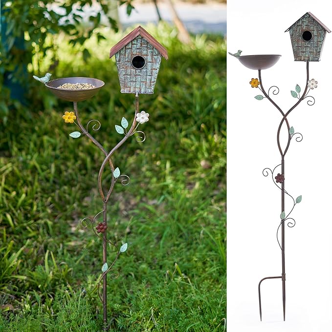 Bird Baths and BirdHouses with Pole, Distressed Metal Bird Bath Bowl and Birdhouse Stake for Outdoor Garden Yard Decoration (Bird Baths/BirdHouses-B)