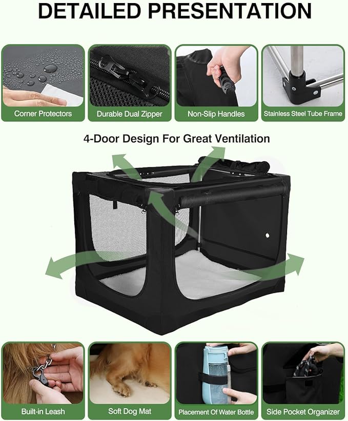 30 Inch Collapsible Travel Dog Crate for Medium Large Dogs, Portable Dog Crate 4-Door Foldable Soft Kennel with Durable Mesh Windows for Indoor & Outdoor Travel, with Storage Bag,Black