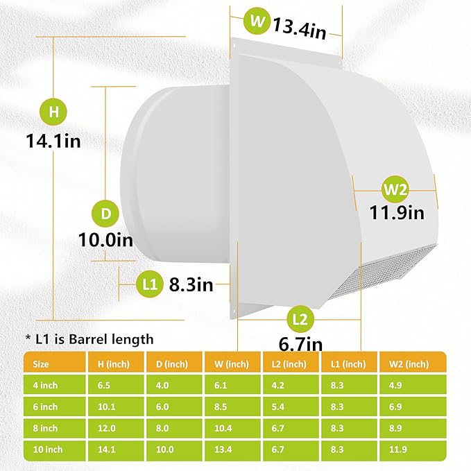 10 inch Steel Hooded Wall Vent with Screen,Arc-Shaped Wall Vent for Ventilation and Exhaust,Suit for Residential Housing and Industrial Facilities,White