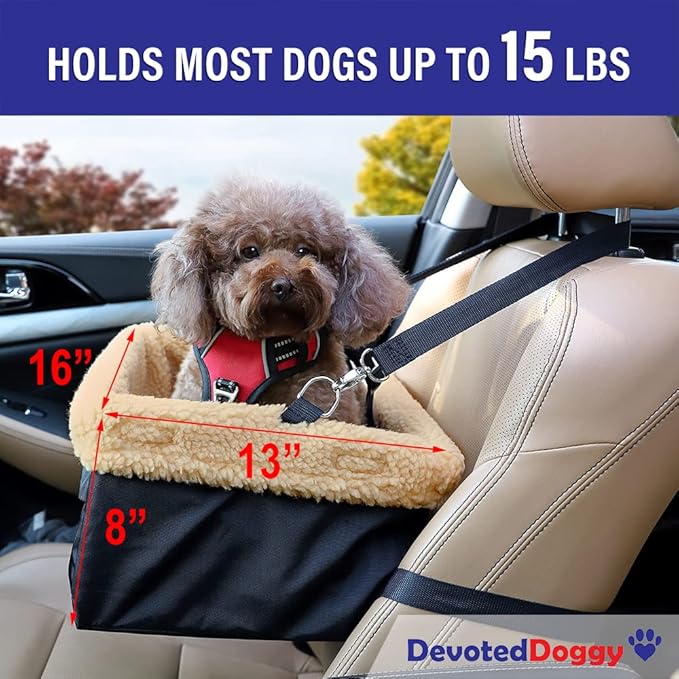 Deluxe Dog Car Seat Fits Pets up to 15lbs, Dog Booster Seat, Padded Cushioning, Adjustable Straps, Metal Frame Encasing, Installs in Seconds, Collapsible Canvas and Easy to Clean
