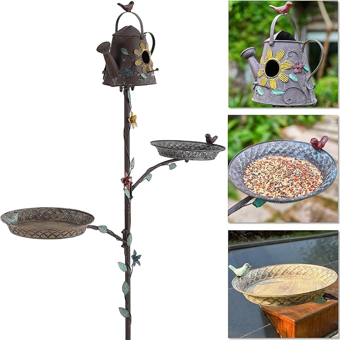 Bird Baths and Bird Houses with Pole, 67.9" H Metal Bird House Stake, Standing Bird Feeder and Bath Combo, Birdhouses for Outdoors, Tall Bird Bath with 4-Prong Stake for Outside Garden Decor