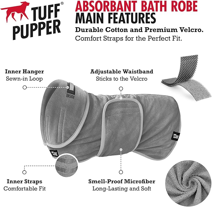 Tuff Pupper Fast Drying Dog Bath Robe | 800 GSM Plush Dog Towel Bathrobe/Dressing Gown | Super Absorbent Pet/Puppy Bathrobe | Adjustable Hood & Belly Strap | Super Soft | Fast Drying (S, Gray)
