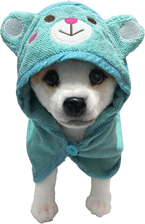 Dog Hooded Bathrobe Towel, Fast Drying Bath Towel Absorbent Warm Blanket Blue L