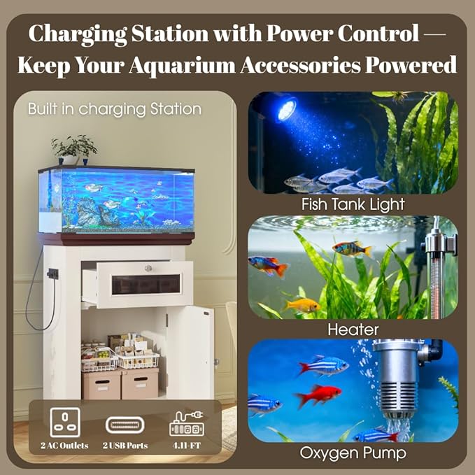 10-15 Gallon Fish Tank Stand with Power Outlets, Aquarium Table with Storage Cabinet & Drawer, 198LBS Capacity Terrarium Stand with USB Ports (Beige + Brown)