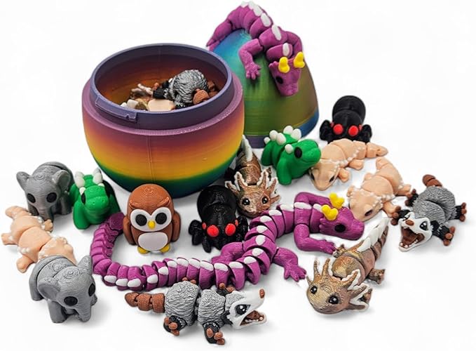 10 Pack Mystery Mini Animal Packs - 3D Printed Articulating Figurines - Unique and Fun Designs Includes Mystery Egg - Stress Relief (10 Pack)