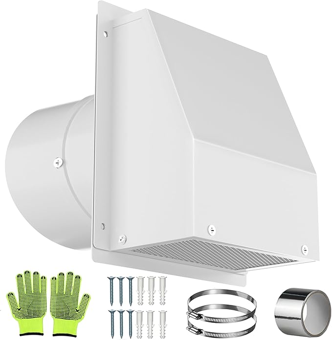 10 Inch Hooded Wall Vent with Screen and Damper, Galvanized Steel Wall Vent Cap White Metal Hood Cover Exhaust Duct Kit with Hose Clamp Foil Tape Screws for Exterior Laundry Room Bathroom Basement