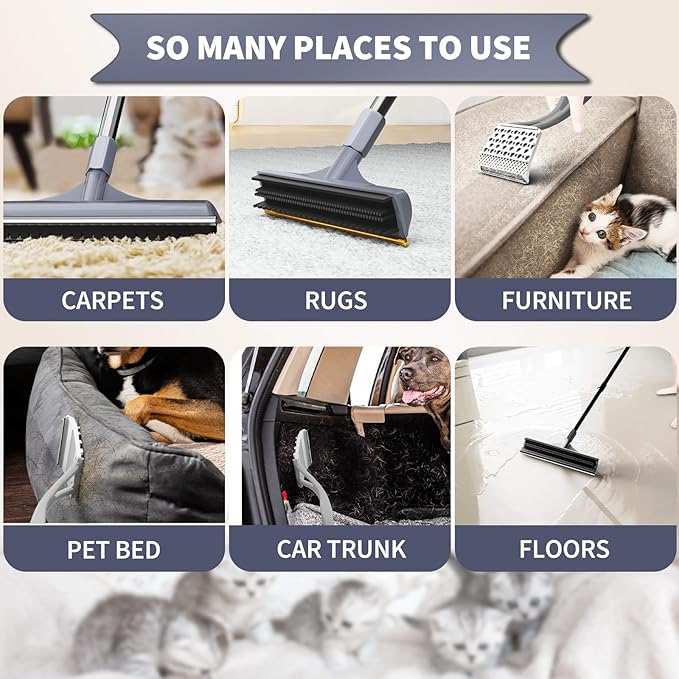 Carpet Rake for Pet Hair Removal - 3 in 1 Pet Hair Remover Tool with 58" Adjustable Long Handle,Reusable Dog & Cat Carpet Scraper,Pet Hair Remover for Rugs,Mats,Couch,Curtains(Gray)