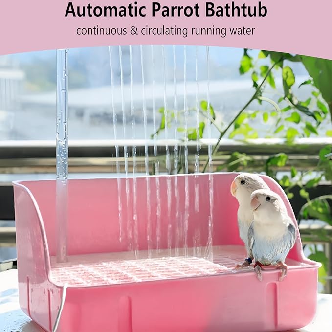 kathson Parrot Bathtub, Automatic Bird Bath Indoor,Parakeet Shower Fountain,Parrot Bath Tub for Pet Birds, Cockatiel, Conure, Budgie, Lovebird, African Grey, Finches (Pink)