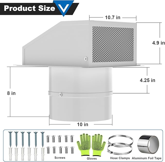 10 Inch Hooded Wall Vent with Screen and Damper, Galvanized Steel Wall Vent Cap White Metal Hood Cover Exhaust Duct Kit with Hose Clamp Foil Tape Screws for Exterior Laundry Room Bathroom Basement