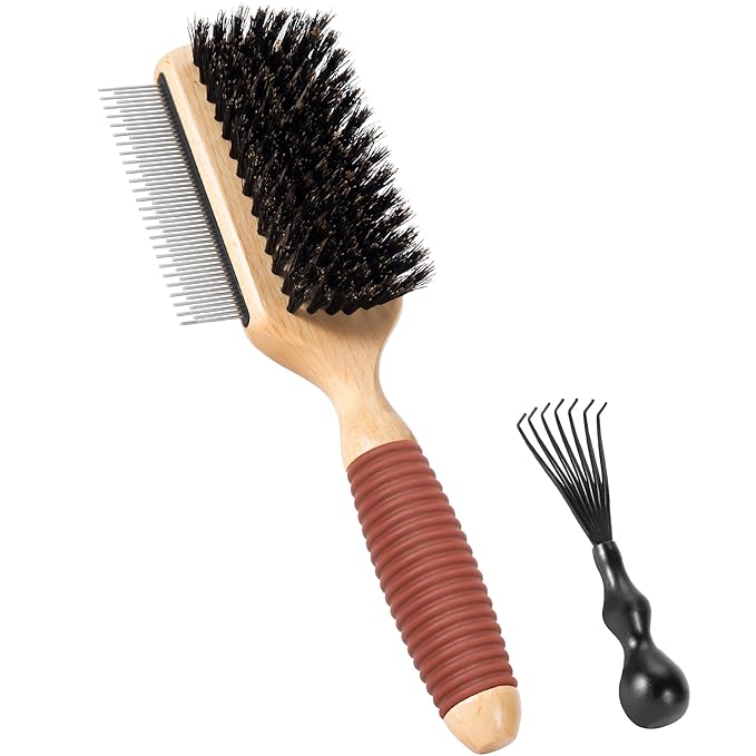 2 IN 1 Pin And Boar Bristle Brush for Dogs & Cats, Shedding Grooming Dog Brush for Short Haired Dogs, Cats, Pets with Beech Wood Rubber Handle