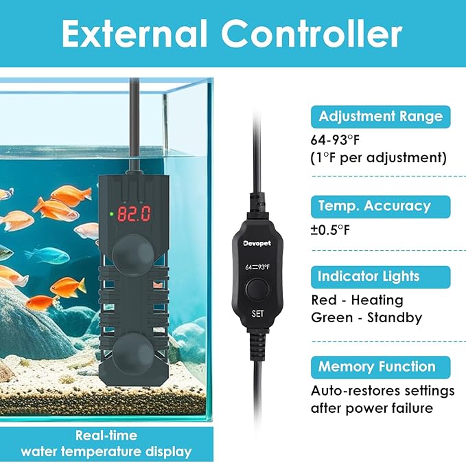 100W Aquarium Heater, Adjustable Fish Tank Heater, with Digital Display, Overheat Protection & Dry Run Protection, for 10-20 Gallon Water