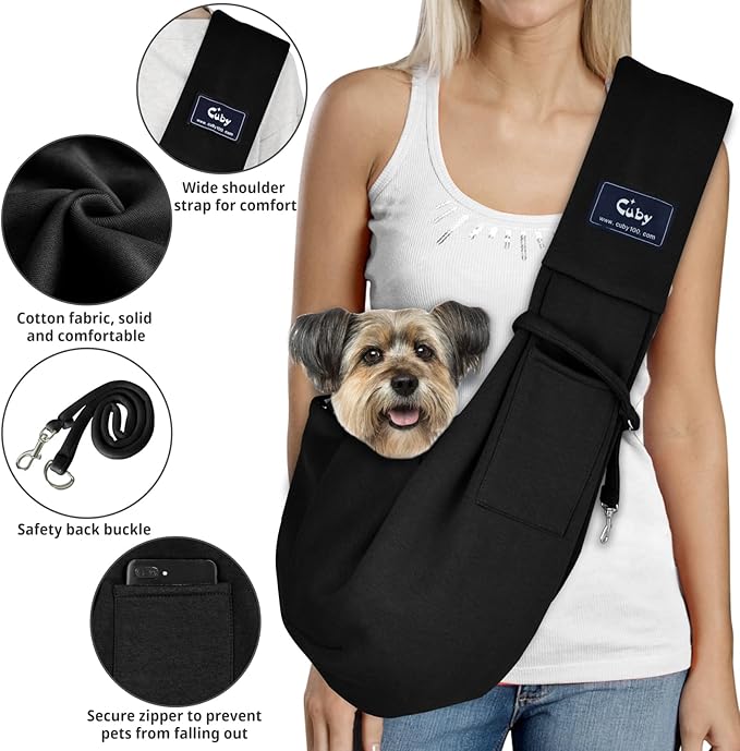 CUBY Dog and Cat Sling Carrier - Hands Free Reversible Pet Papoose Bag - Soft Pouch and Tote Design - Suitable for Puppy, Small Dogs Cats Outdoor (Black Senior, Unadjustable Strap)