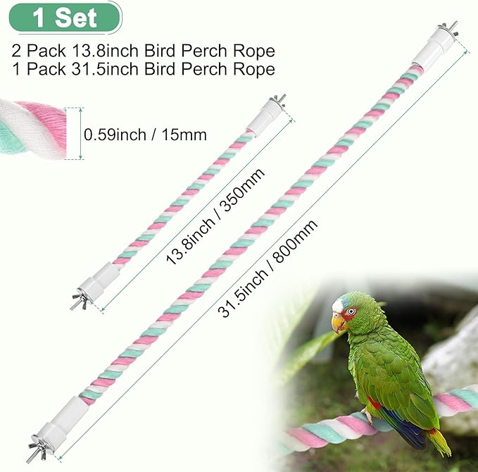 1-Set Rope Perches for Bird Cages, 13.8 & 31.5 in Length Comfort Grip Flexible Rope Perch Beak & Paw Grinding for Parrots/Cockatiels/Parakeets, Bird Platform Sand [Pink Cyan]