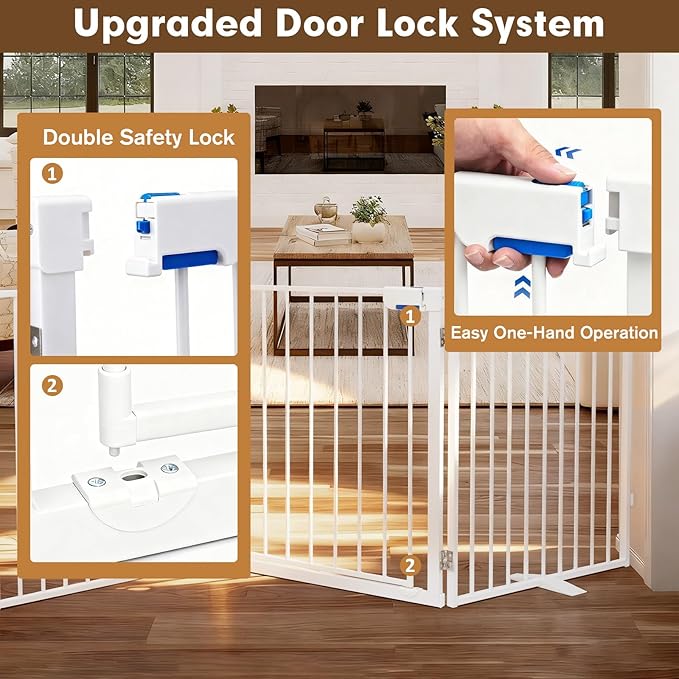 104" Extra Wide Dog Gate, Heavy Duty Metal Freestanding Dog Gate with Door for Indoor & Outdoor, Foldable Pet Fence for Doorways,House,Porch,Deck,Yard,Stairs, Auto Close(4 Panels,White)