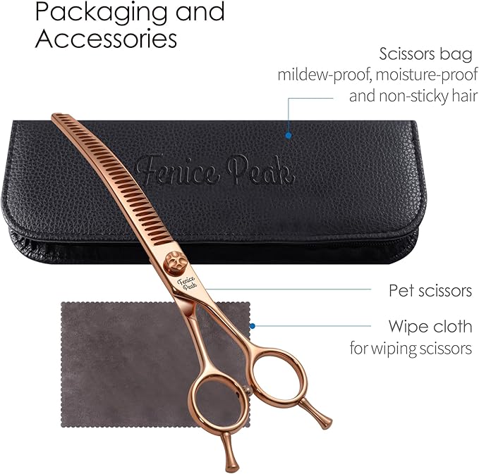 Fenice Peak Professional Dog Grooming Scissors Pet Curved Chunker Shears 7.0'' Extremely Sharp Blades 440C Steel Thinning Scissors Durable Smooth Motion & Fine Cut for Dogs and Cats