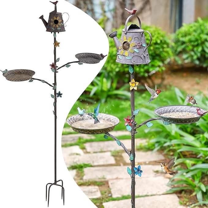 Bird Baths and Bird Houses with Pole, 67.9" H Metal Bird House Stake, Standing Bird Feeder and Bath Combo, Birdhouses for Outdoors, Tall Bird Bath with 4-Prong Stake for Outside Garden Decor