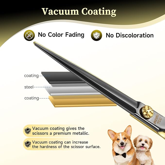 7'' Straight Dog Grooming Scissors CNC 440C Blades Sharp and Durable Dog Shears Black and Gold Pet Scissors Smooth Cutting Easy to Use for Professional Groomer