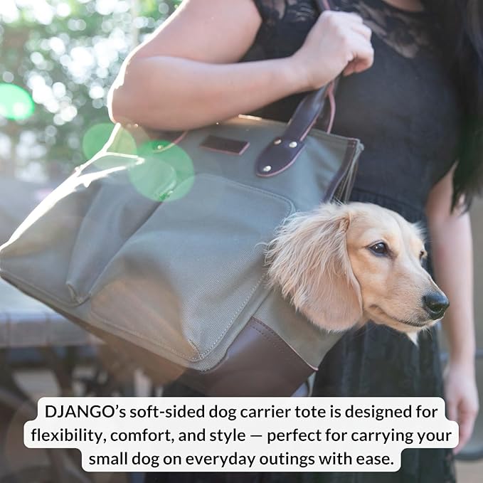 DJANGO Waxed Canvas & Leather Dog Carrier Tote Bag – Premium Soft-Sided Travel Dog Purse with Safety Leash, WR Lining, Zipper Pockets – Everyday Pet Carrier for Small Dogs up to 20 lbs (Navy, Large)
