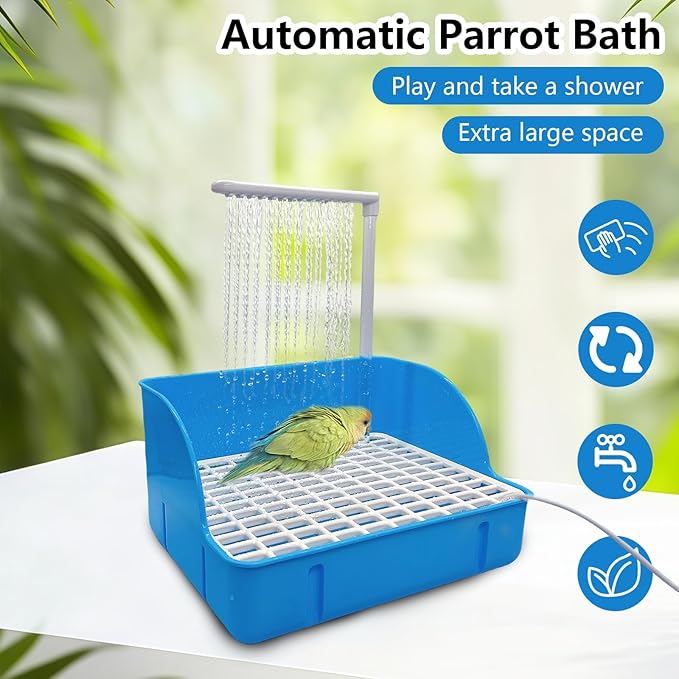 kathson Automatic Parrot Bathtub with Pump, Large Bird Shower Fountain, Parakeet Bath Tub for Medium Birds,Cockatiel,Cockatoo,Lovebird,African Grey,Conure, Budgie (Blue)