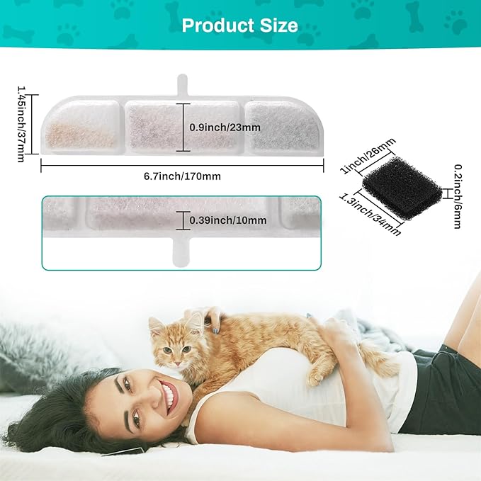 12 Packs Replacement Filters for Battery Operated Cat Water Fountain, 6 Set Pet Fountain Filter for 84oz/2.5L Wireless Cat Drinking Fountain Indoor, Stainless Steel Cordless Multi-Filtration System