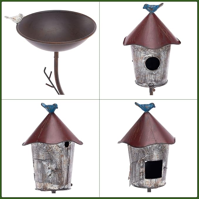 Bird Baths and BirdHouses with Pole, Distressed Metal Bird Bath Bowl and Birdhouse Stake for Outdoor Garden Yard Decoration (Bird Baths/BirdHouses-A)