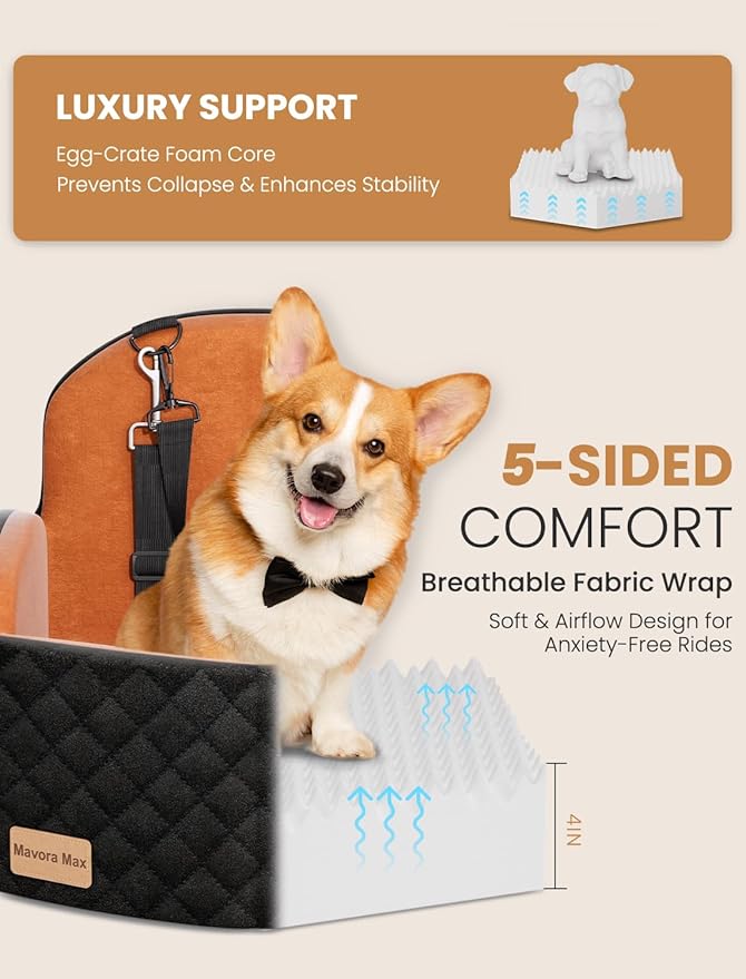 (Up to 35lbs Small/Medium Dog Car Seat Booster Dog Seat for Car Portable with Adjustable Seatbelts Pet Travel Car Bed Seat for SUV, Truck, with Memory Foam Cushion (Black/Brown)