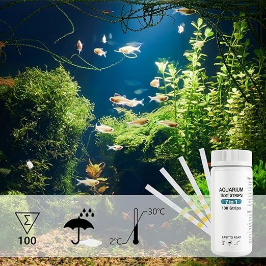 100Pcs Aquarium Test Strips 7 in 1 Fish Tank Test Kit Freshwater Saltwater Aquarium Water pH Test Strips Kit for Total Hardness Nitrate Nitrite Free Chlorine Carbonate pH Value Total Alkali
