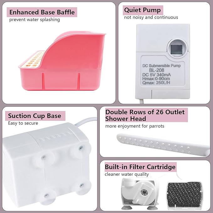 kathson Parrot Bathtub, Automatic Bird Bath Indoor,Parakeet Shower Fountain,Parrot Bath Tub for Pet Birds, Cockatiel, Conure, Budgie, Lovebird, African Grey, Finches (Pink)