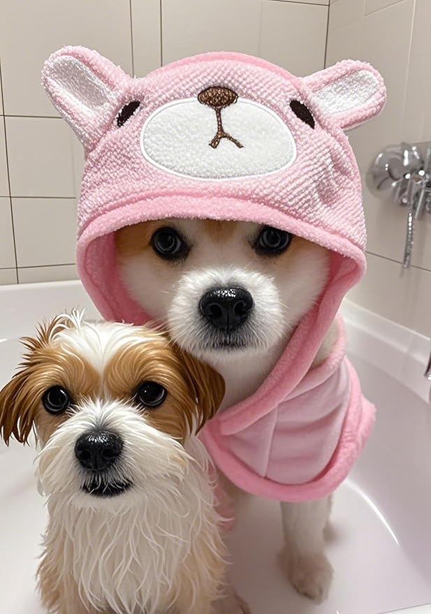 Dog Hooded Bathrobe Towel, Fast Drying Bath Towel Absorbent Warm Blanket Pink M