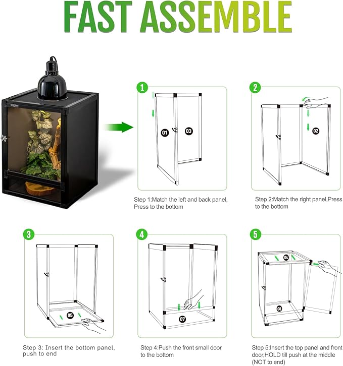 12"x12"x18" Reptile Terrarium, Hybrid Cage PVC Habitat Enclosure with Screen & Acrylic Doors, Ventilated Tank for Gecko,Chameleon, Snake, Frog, Easy Assembly, Front Dual Access