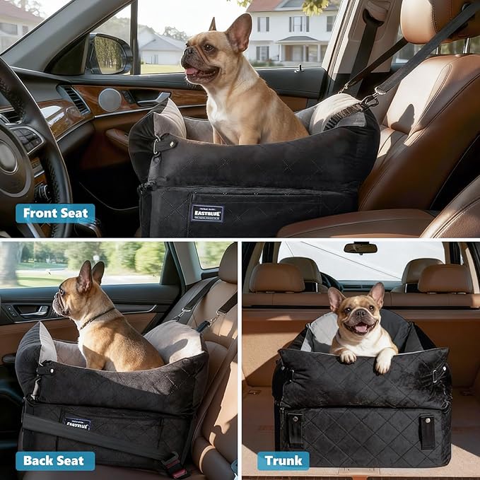 EASTBLUE Dog Car Seat for Small Medium Dogs Up to 35 lbs, 2 Memory Foam Pads Dog Booster Car Seat with Seatbelt, Washable Pet Carseat for Puppy & Cat, Dogs Travel Bed for Cars (Black/Grey)
