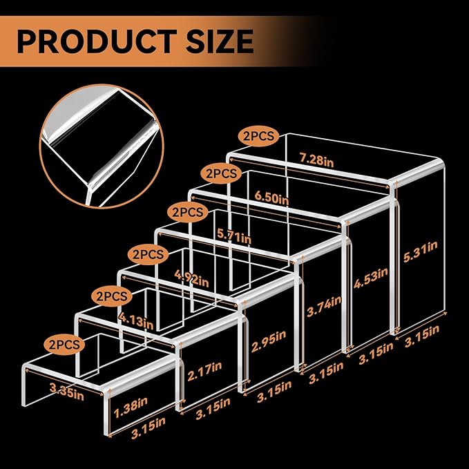 12 Pcs Small Size Acrylic Display Risers, 2 Sets Acrylic Risers Display Stands, 0.15" Thick Clear Shelf Riser, Risers Display Stands for Perfume, Dessert, Candy, Figure, Toys, Jewelry Showcase