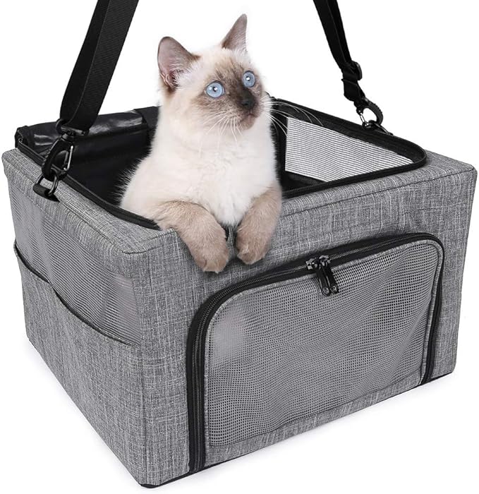 Dog Cat Car Seat, Collapsible Cat Puppy Car Carrier with Metal Frame, Travel Bag for Small Medium Pet up to 15 lbs