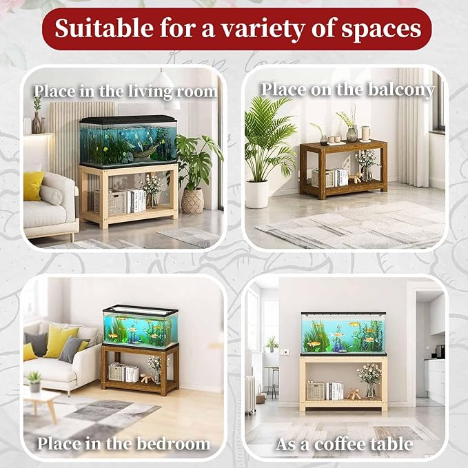 FORRTY Solid Wood Aquarium Stand – Heavy Duty Wooden Fish Tank Stand With 2-Tier Storage | Natural Pine Reptile Tank Table | Indoor Plant Rack | Printer Table | Multi-Purpose Shelf | 30–150cm Width(Wo