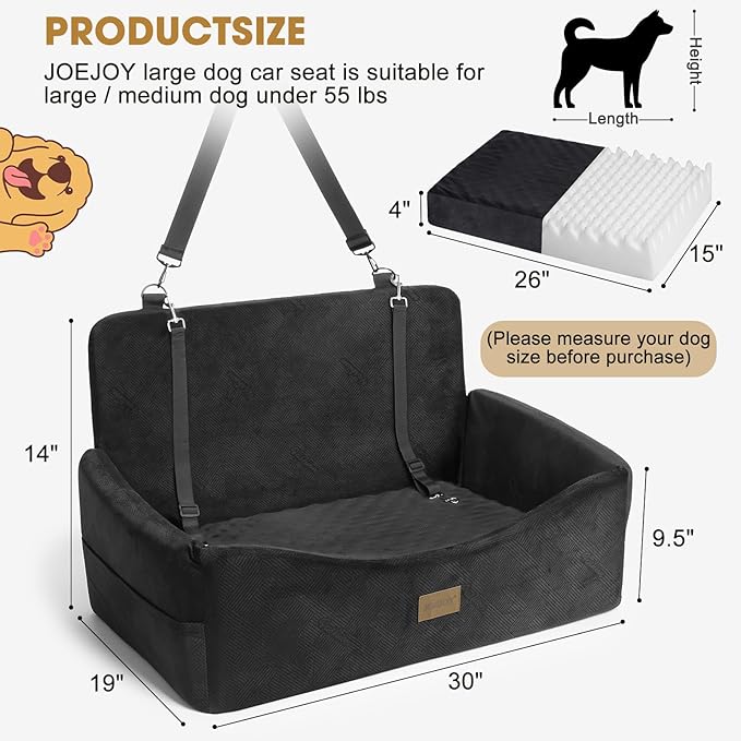 JOEJOY Dog Car Seat for Medium Sized Dogs or 2 Small Dogs, Large Dog Booster Seat Under 55 lbs with Detachable Washable Cover and Cushion, Memory Foam Pet Car Seat with Safety Belt and Storage Pockets