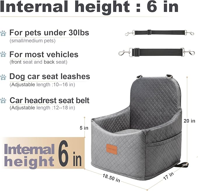 Youvee Dog Booster Seat,6 Inch Elevated Pet Seat for Small Dogs Up to 30 lbs,Front & Back Seat Booster for Dogs,Safety & Comfort,Detachable & Washable(Grey)